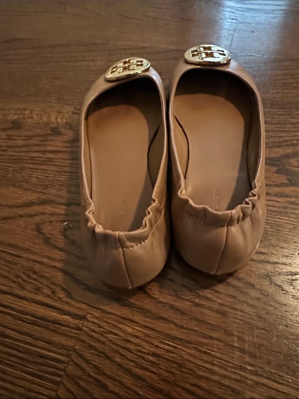 Tory Burch Tan Leather Ballet Flats with Gold Logo Medallion - Picture 2 of 3